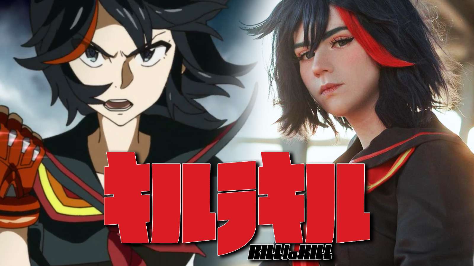 Screenshot of anime Kill La Kill protagonist Ryuko Matoi next to cosplayer Kawaiitsu.