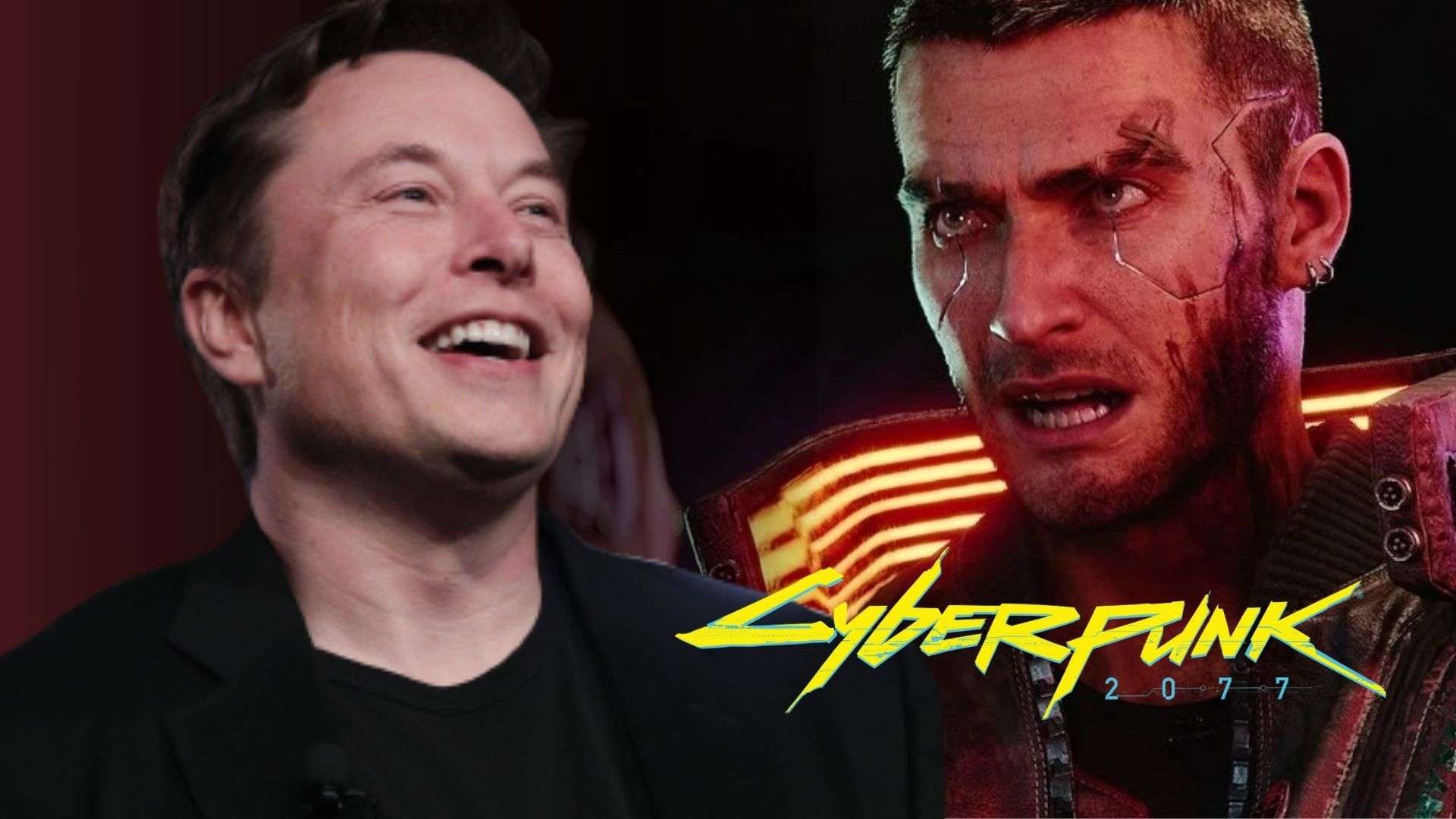 Elon Musk next to an image from Cyberpunk 2077