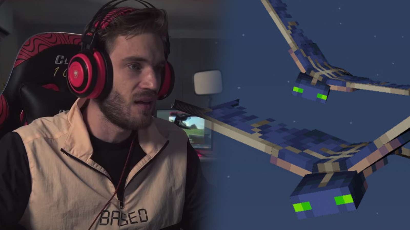 Screenshot of YouTuber PewDiePie next to Minecraft enemy Phantom.
