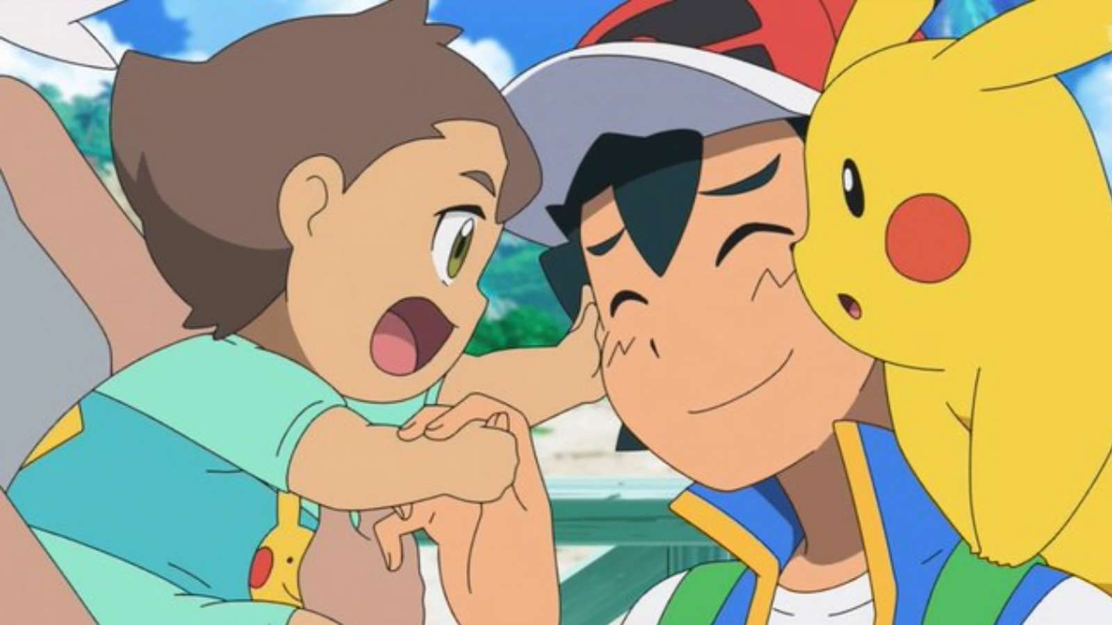 Screenshot of Ash Ketchum next to baby brother in Pokemon Journeys anime.