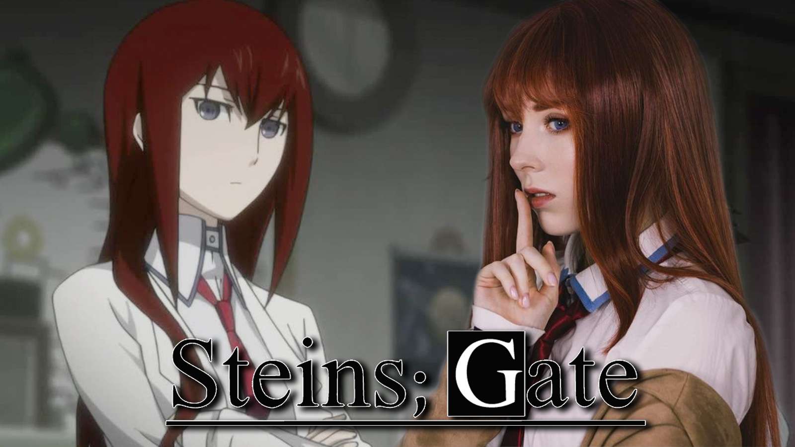 Screenshot of Makise Kurisu in Steins;Gate anime next to cosplayer.