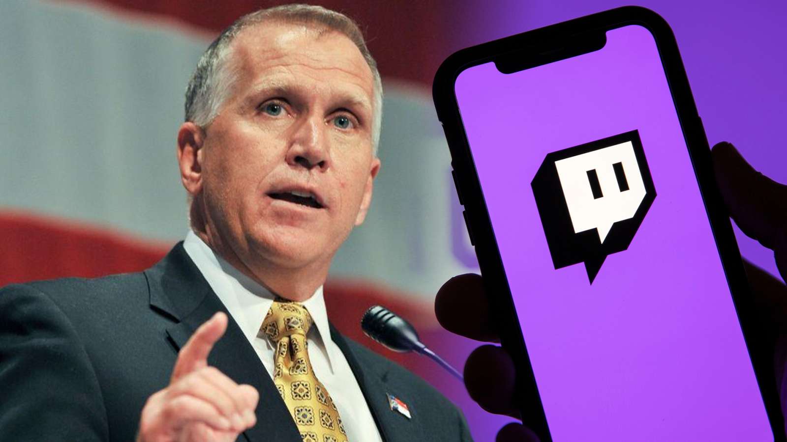 Senator Thom Tillis stands next to a phone with the Twitch logo on it.