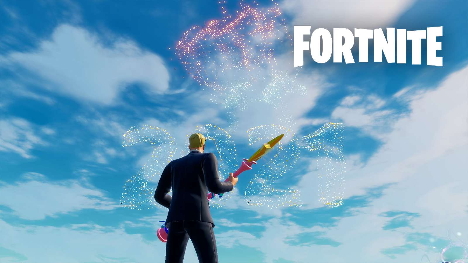 Fortnite's 2021 celebration with fireworks shooting off in the sky