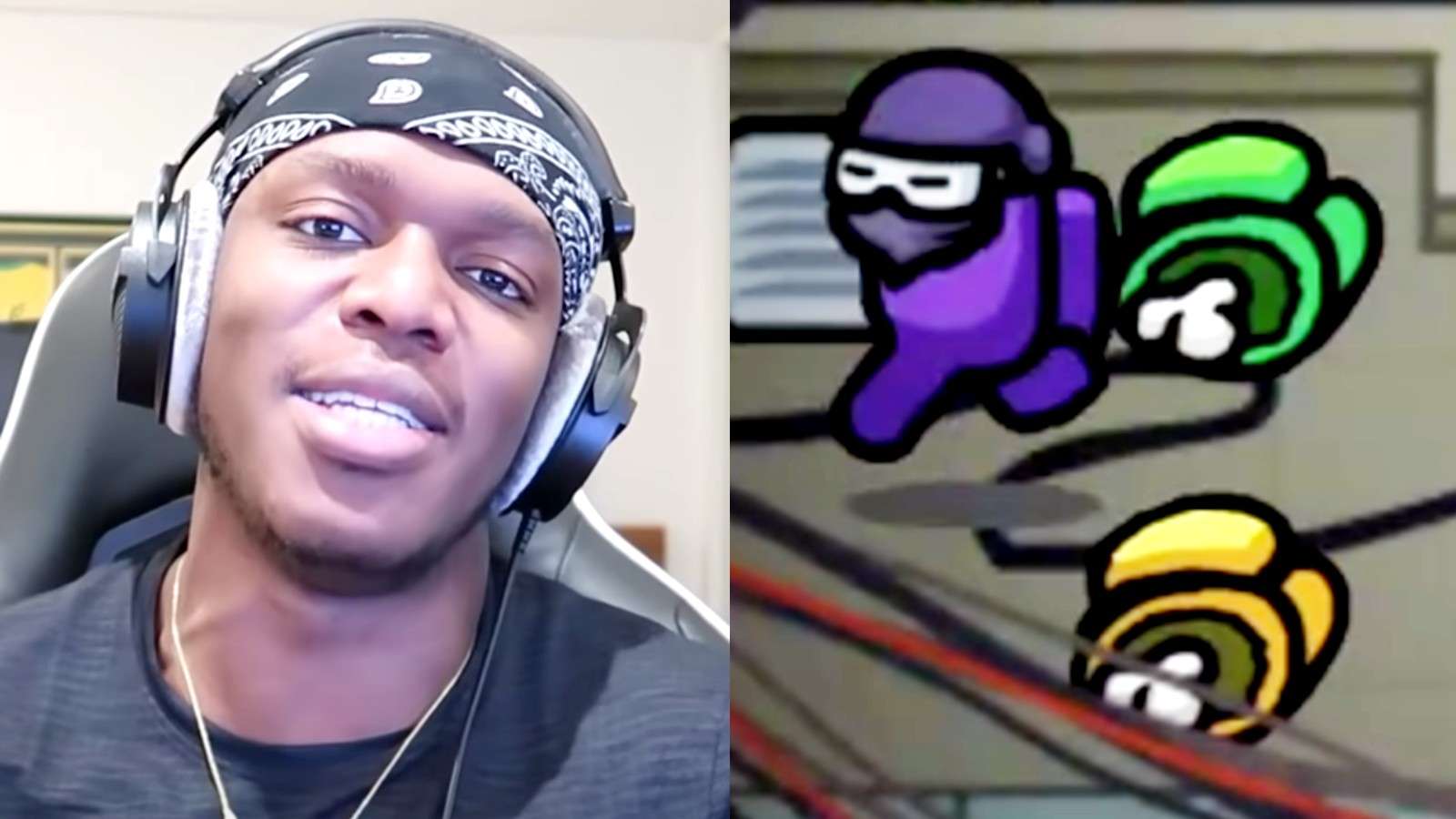 KSI in a YouTube video next to 3 Among Us characters