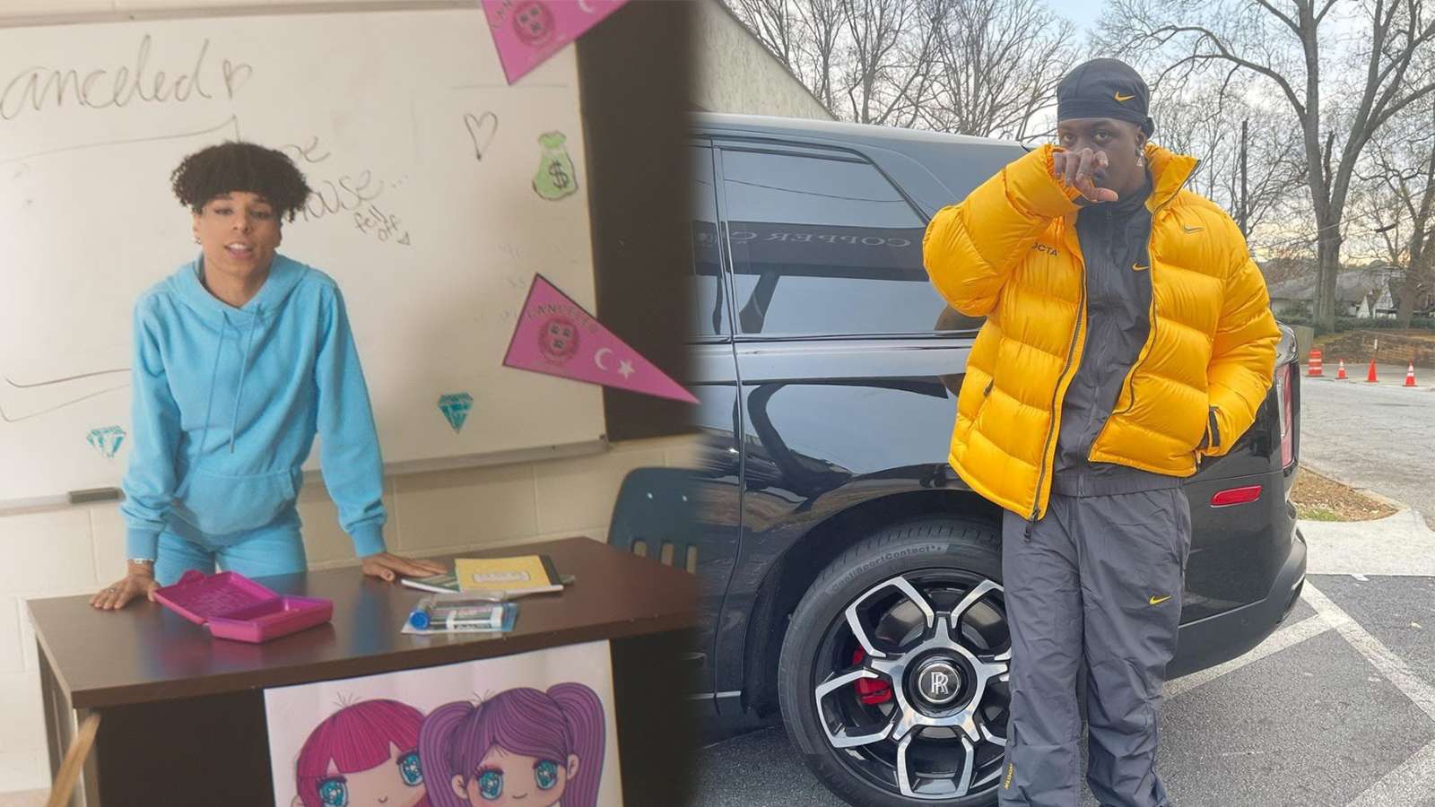 Lil Yachty poses in front of a black car, and Larray leans against a desk in a classroom