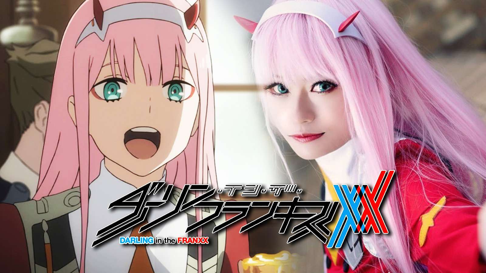 Screenshot of Zero Two from Darling in the Franxx anime next to cosplayer.