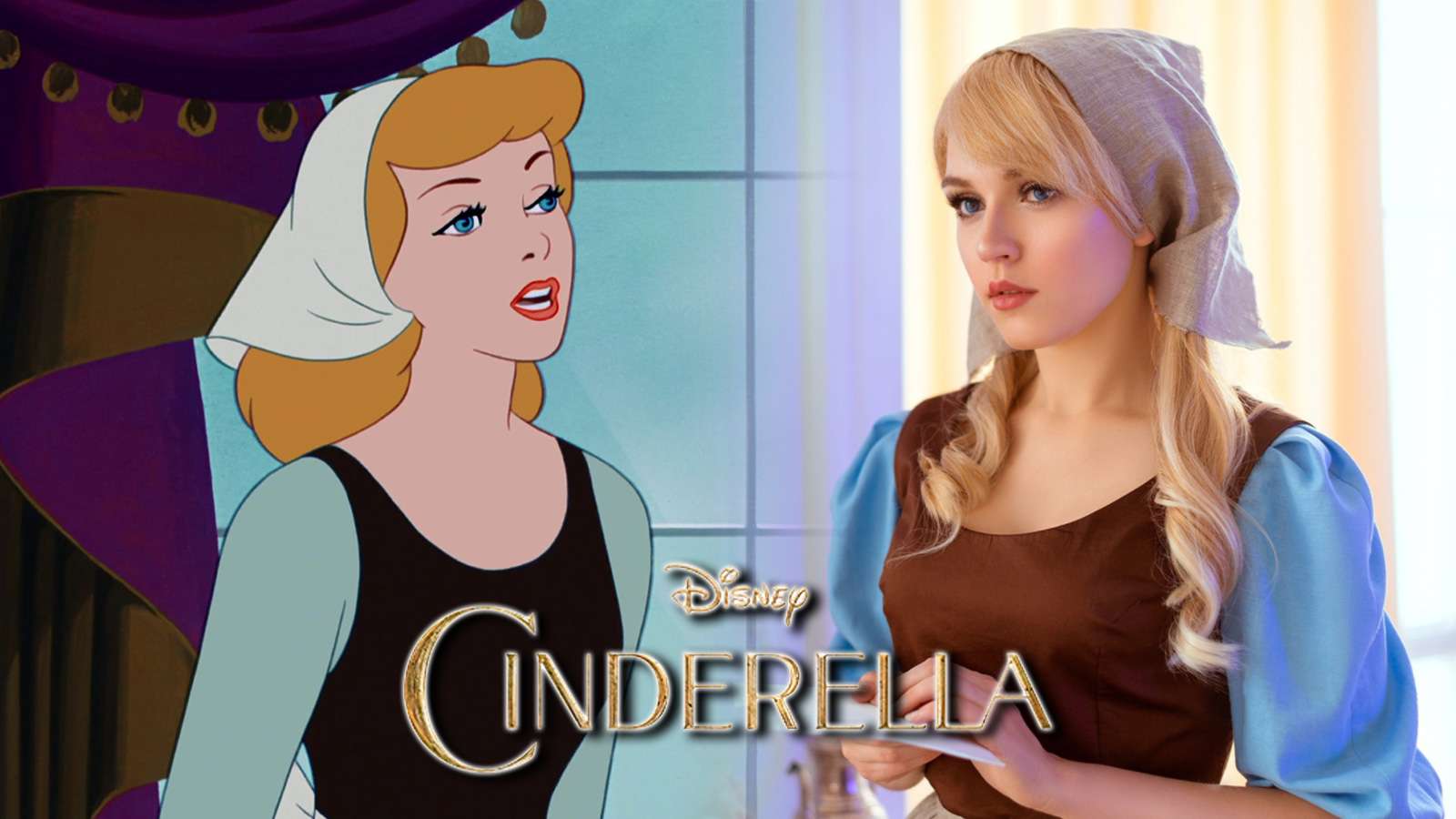 Screenshot of Disney Princess Cinderella next to cosplayer.
