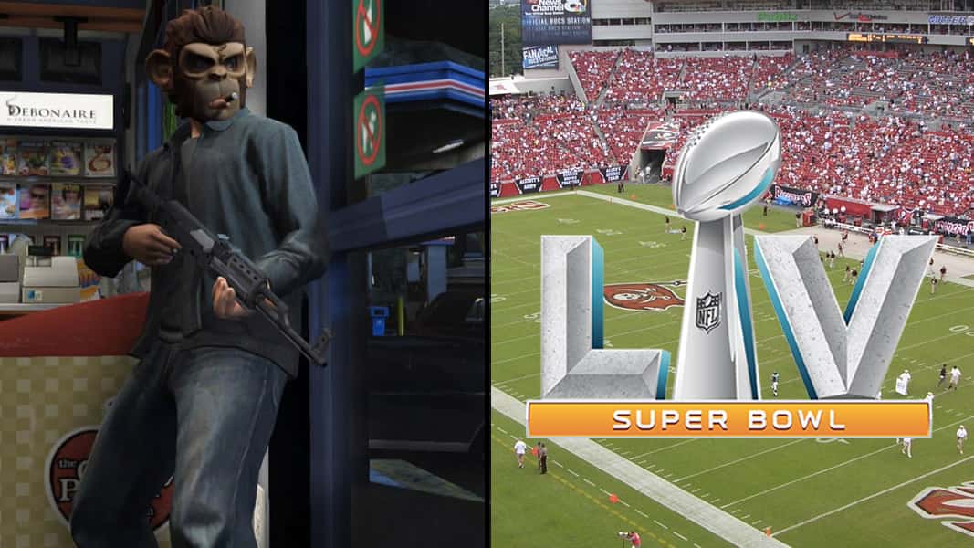GTA v charatcer and the Super Bowl 55 logo