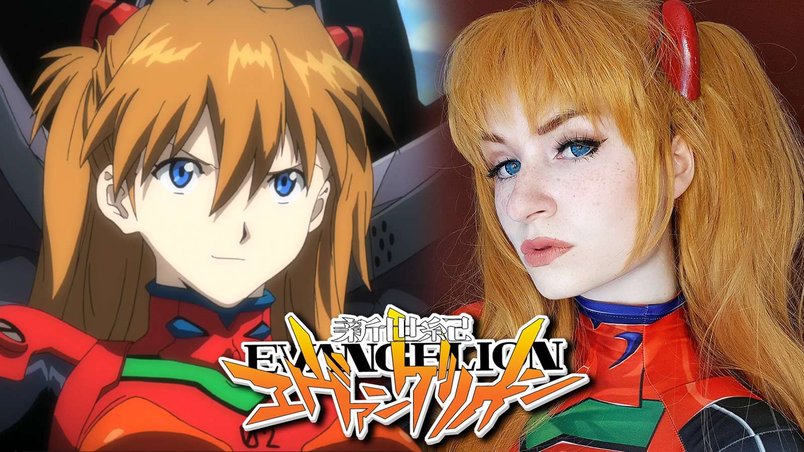 Asuka Langley from Evangelion anime next to cosplayer.