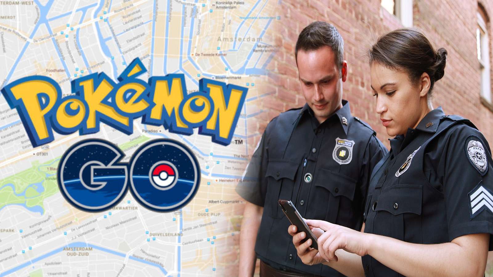 Pokemon Go logo next to police officers.
