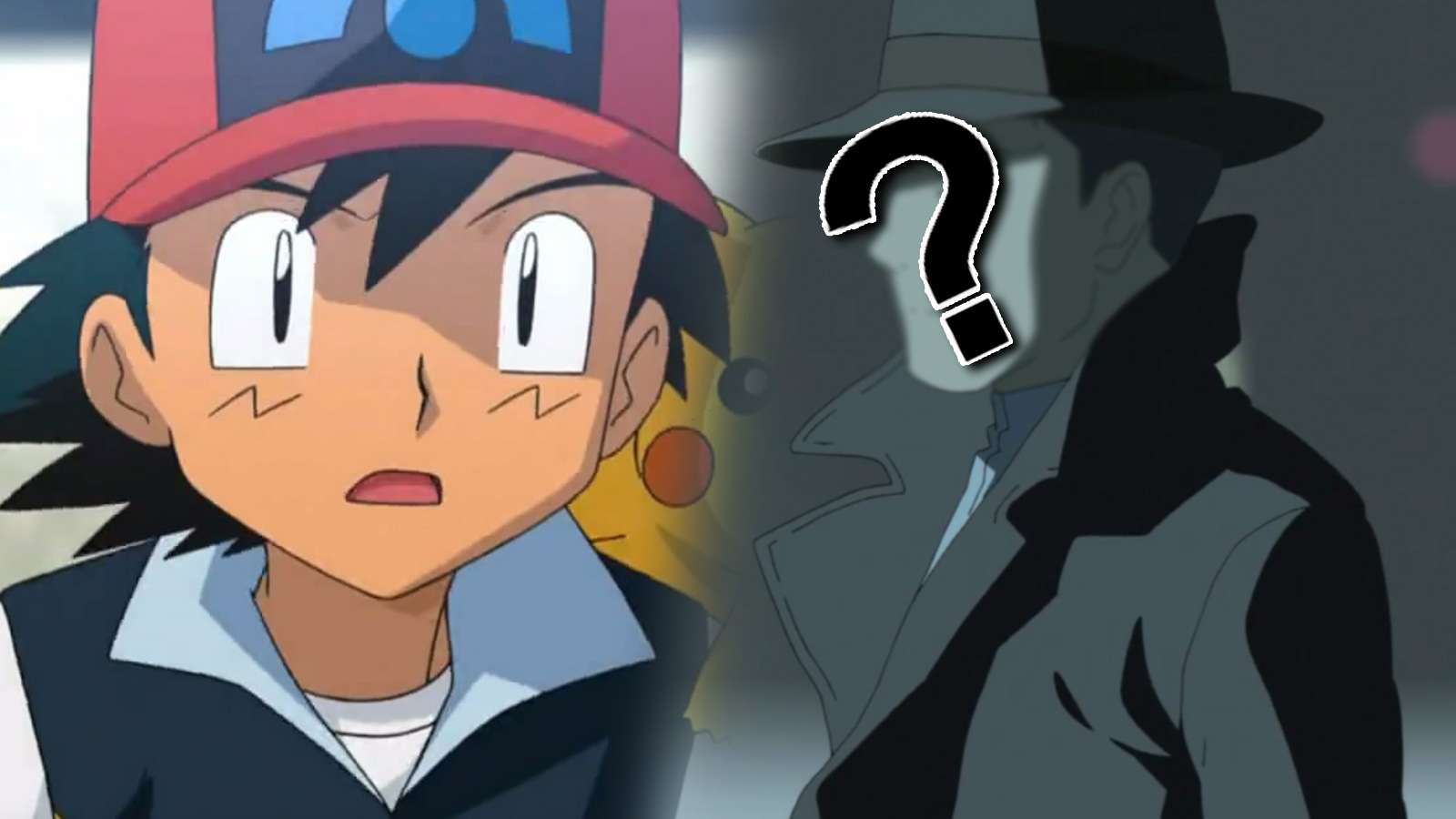 Screenshot of Pokemon protagonist Ash Ketchum next to mysterious man.