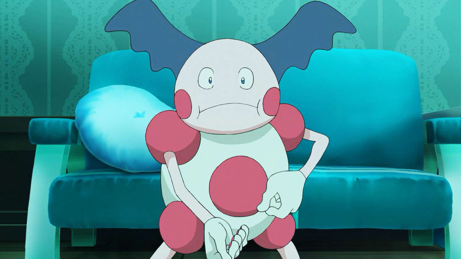 Screenshot of scared Mr. Mime from Pokemon anime.