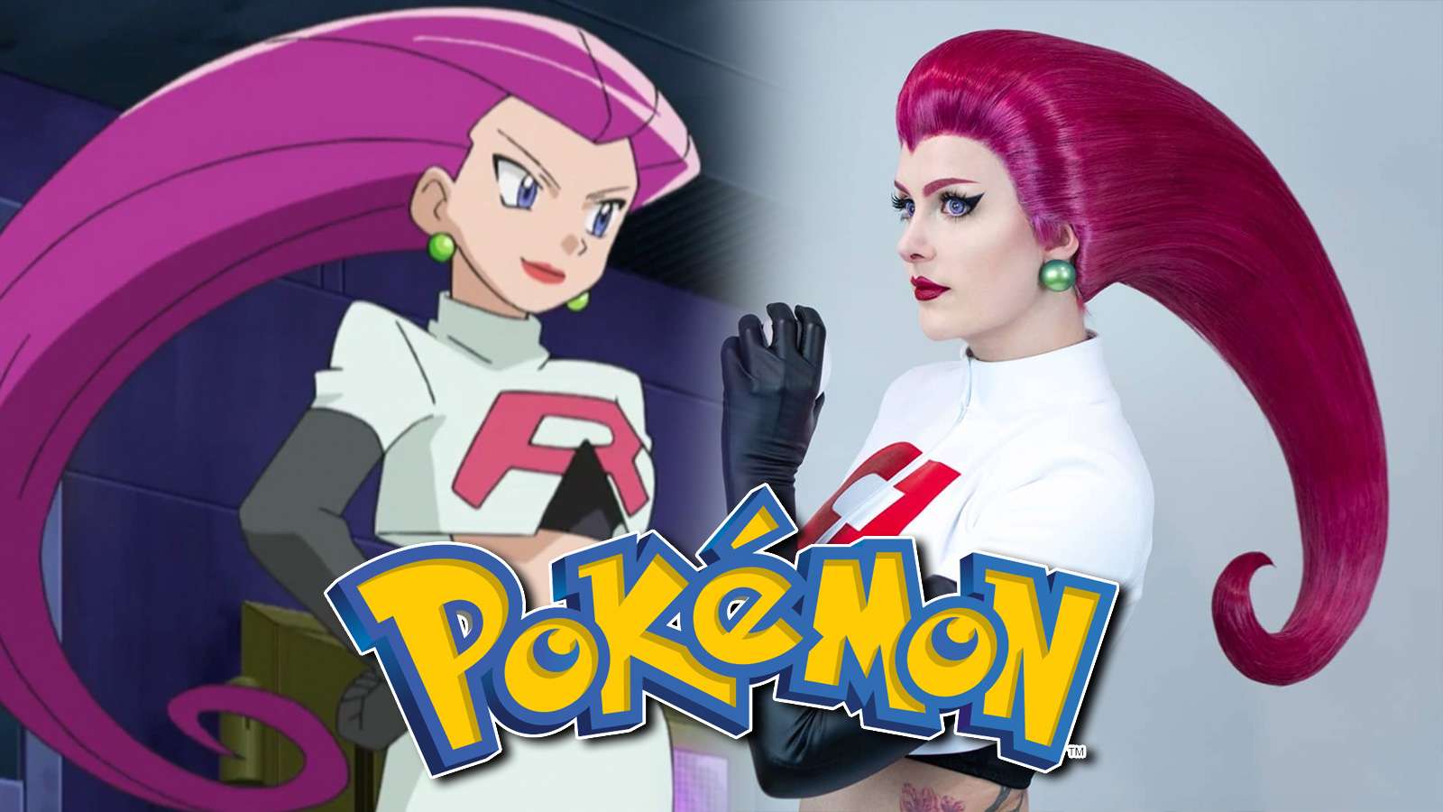 Screenshot of Jessie from Pokemon anime next to cosplayer.