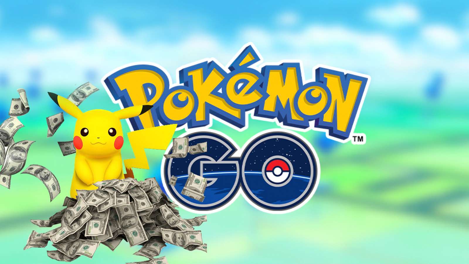 Screenshot of Pikachu with money pile over Pokemon Go logo.