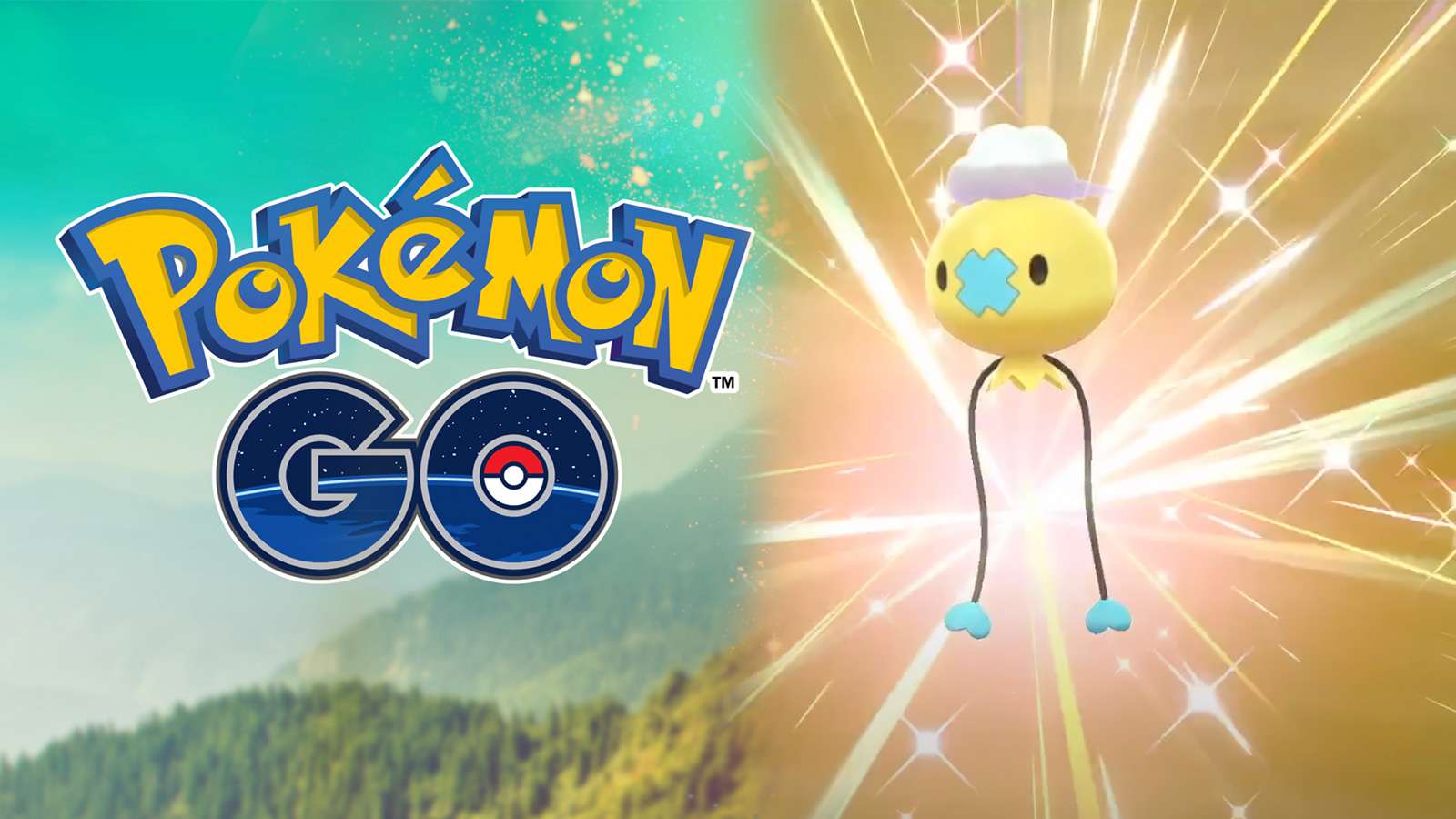 Screenshot of Pokemon Go logo next to Shiny Drifloon in Sword & Shield.