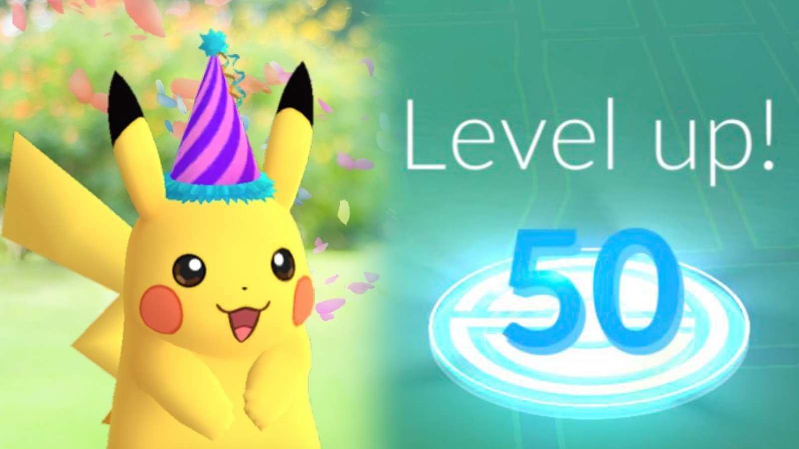 Screenshot of Pikachu wearing hat next to Pokemon Go Level 50 trainer rank.