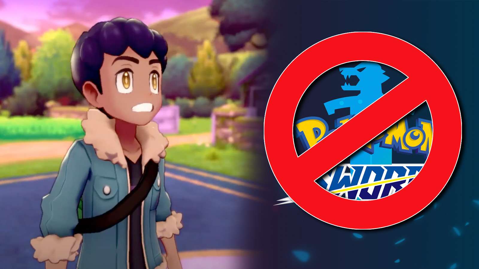Screenshot of Pokemon Sword & Shield rival Hop next to censorship ban logo.