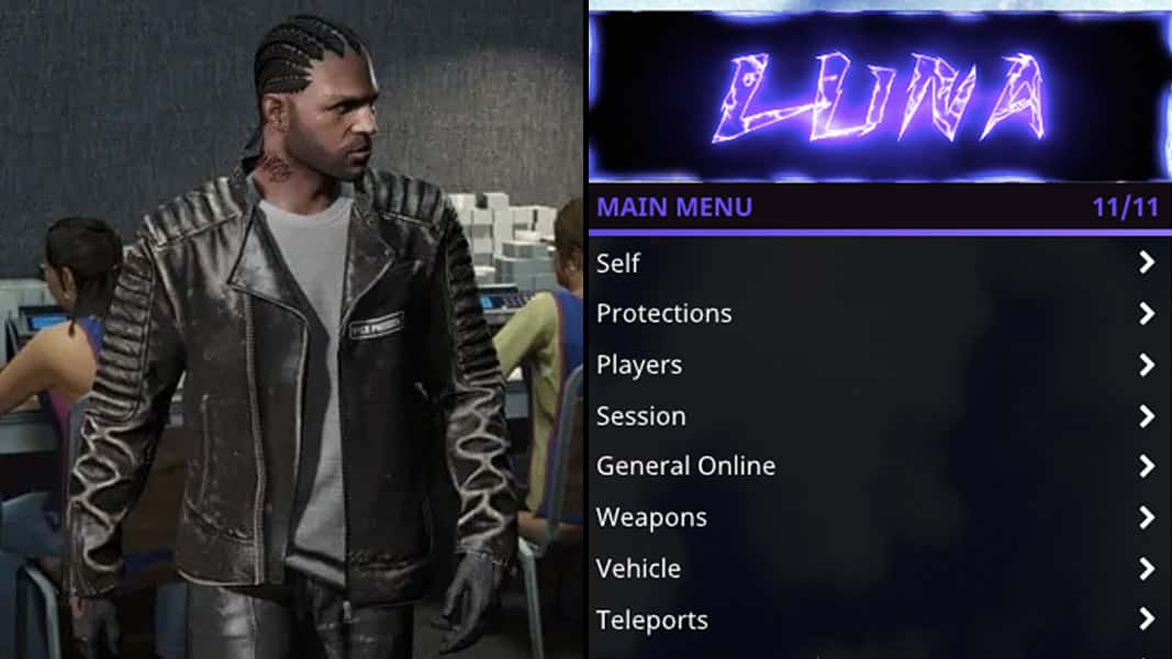 GTA Online character side-by-side with cheats menu
