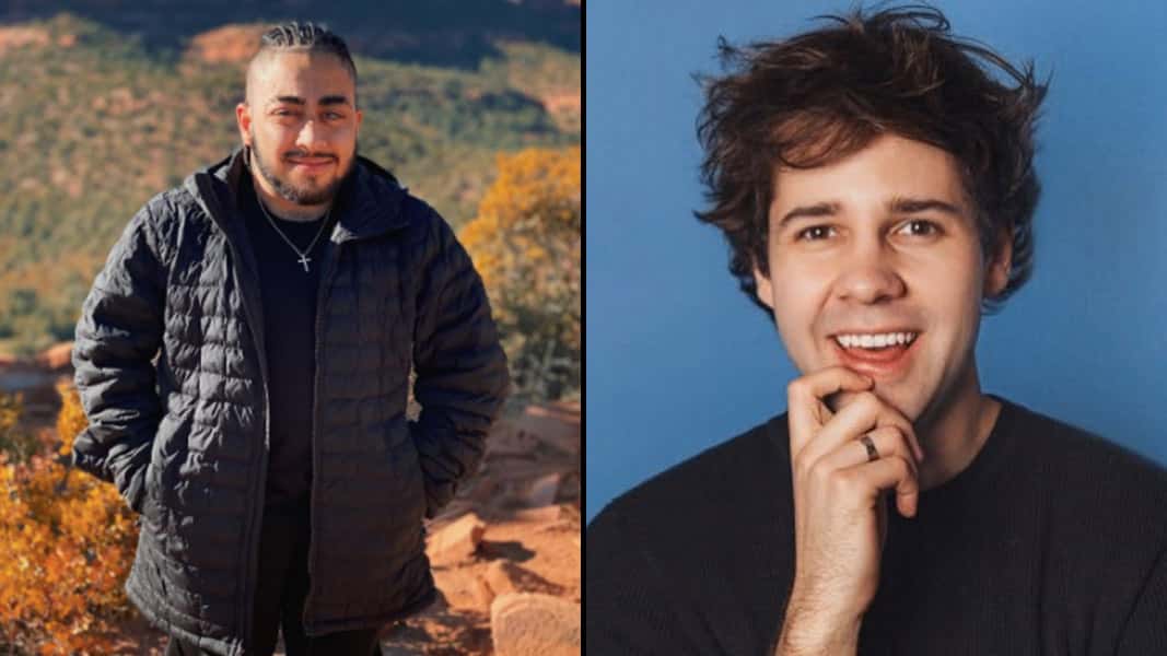 BigNik in Sedona with David Dobrik stood in front of a blue wall