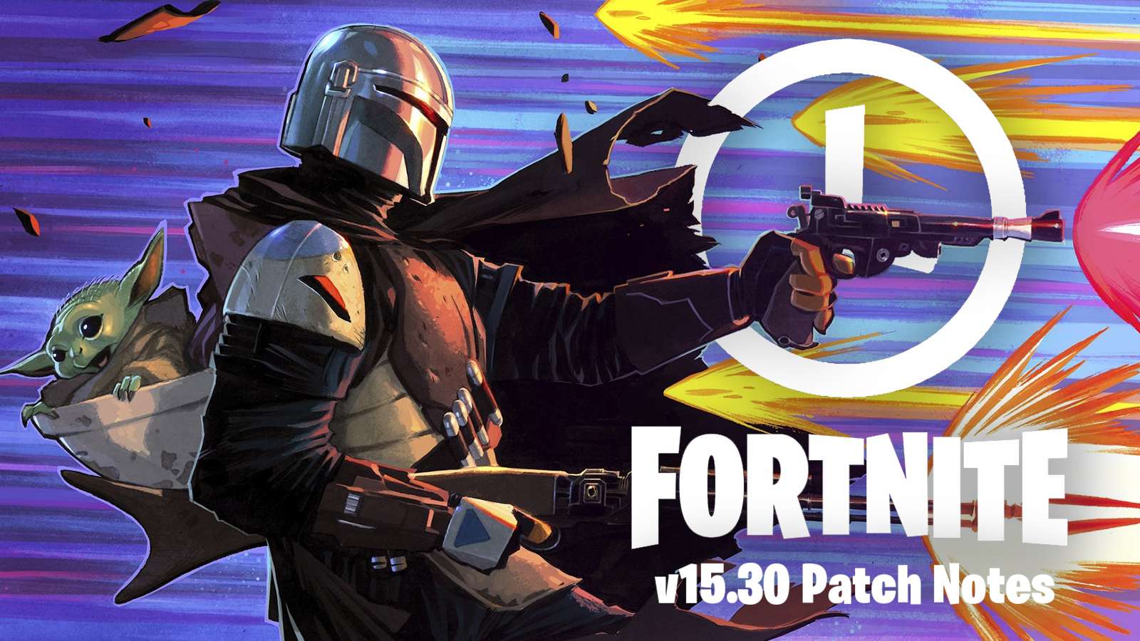 The Mandalorian shoots past Fortnite patch 15.30 update with Baby Yoda on his back.