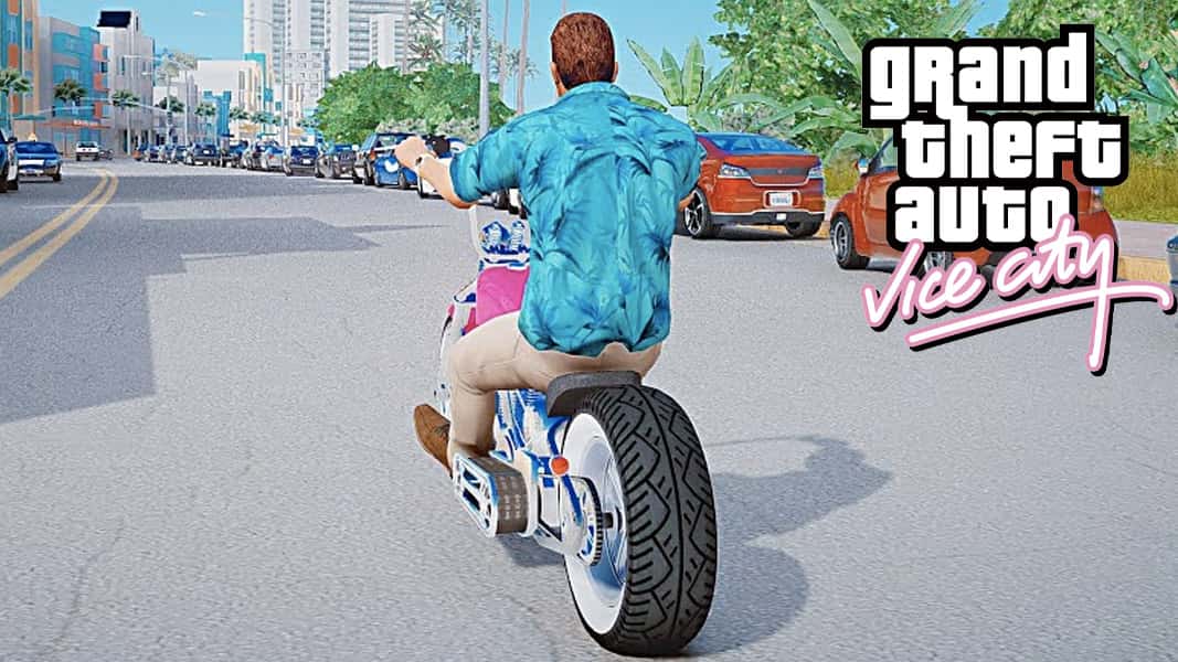 Tommy Vercitti from Vice City driving a bike with updated graphics
