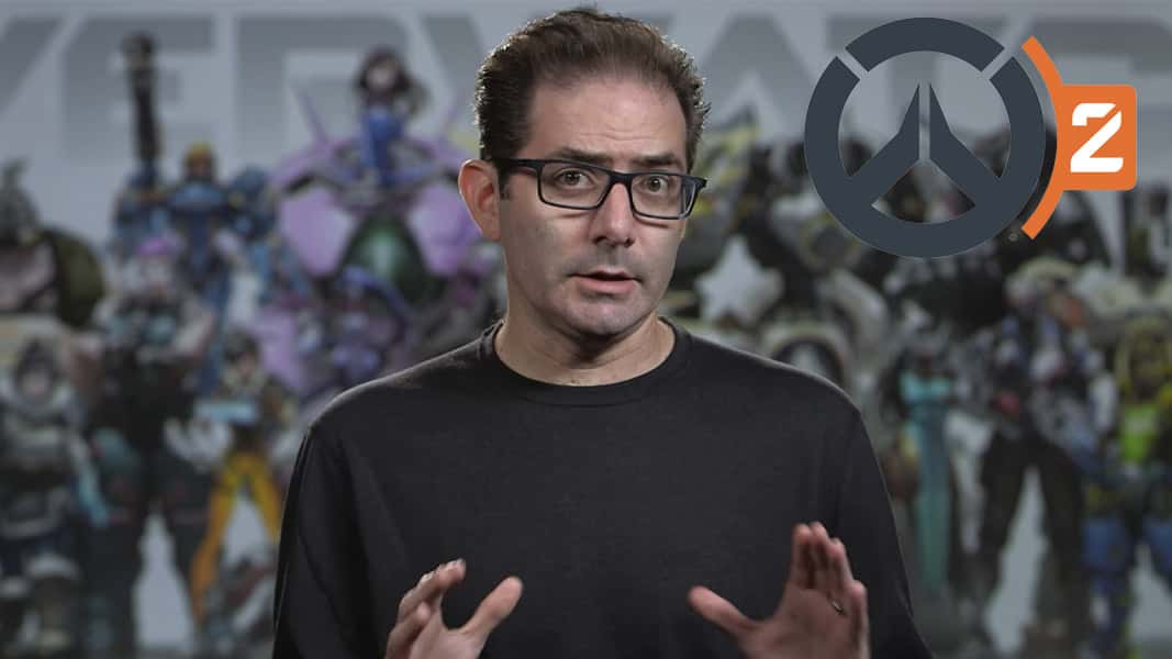 Jeff Kaplan talking to a camera with Overwatch 2 logo
