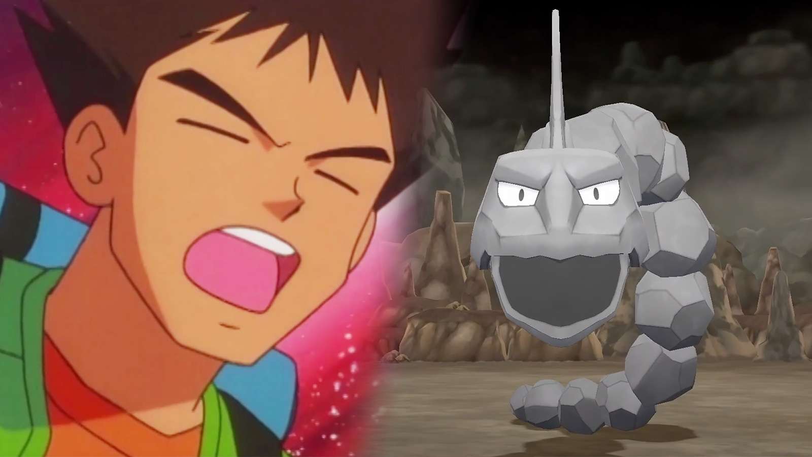 Screenshot of Brock from Pokemon anime next to Onix from Pokemon Lets Go Pikachu.