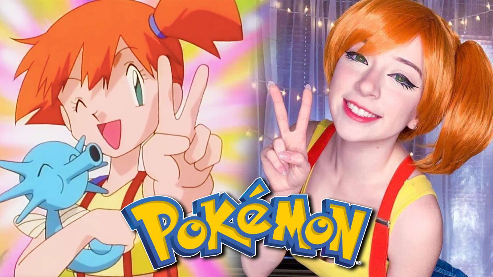 Screenshot of Misty from the Pokemon anime next to cosplayer with Pokemon Logo.