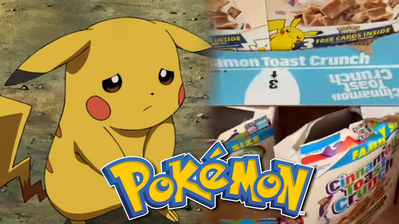 Screenshot of Pikachu next to broken cereal boxes.