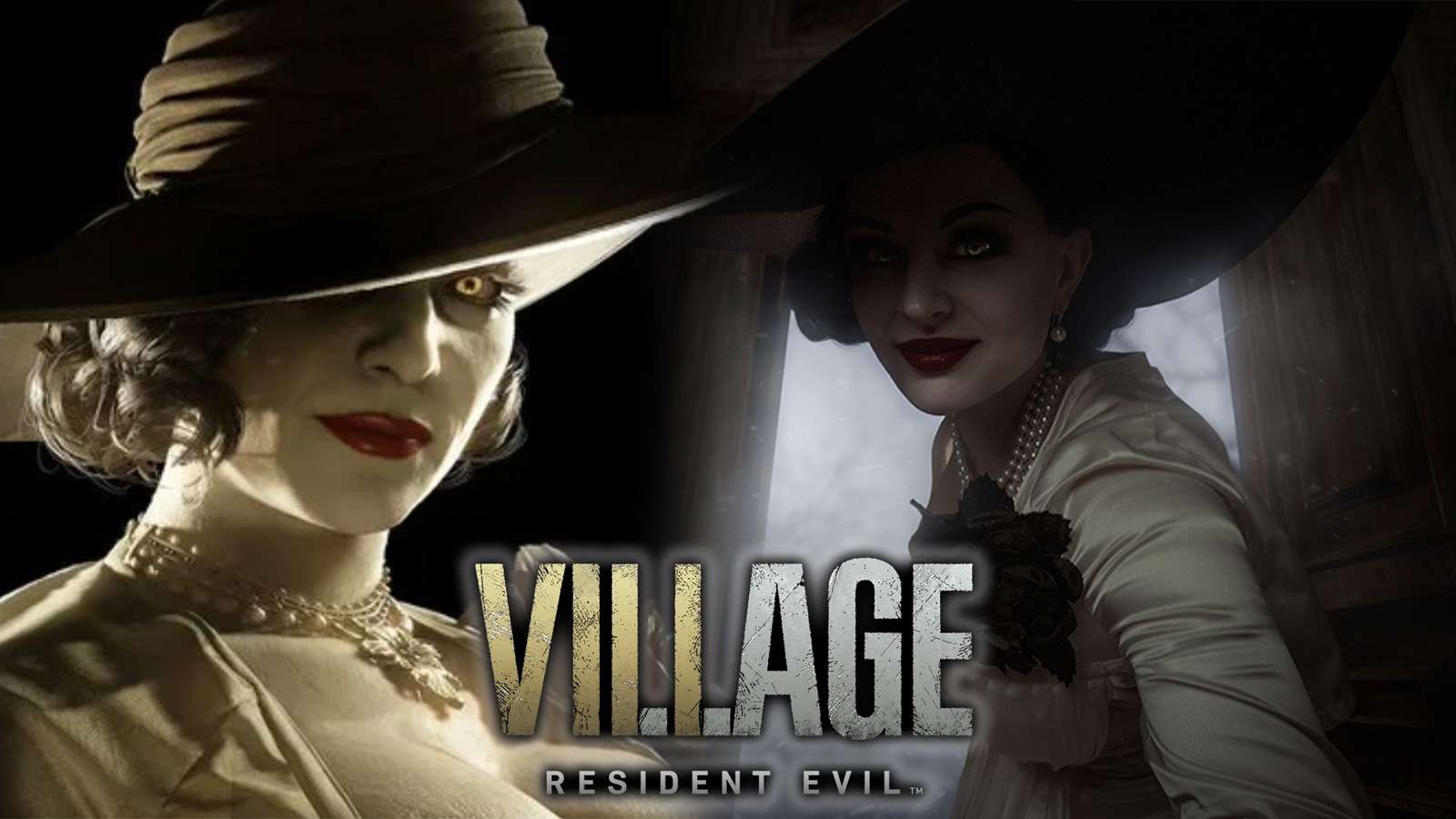 Screenshot of tall vampire lady from Resident Evil Village next to cosplayer.