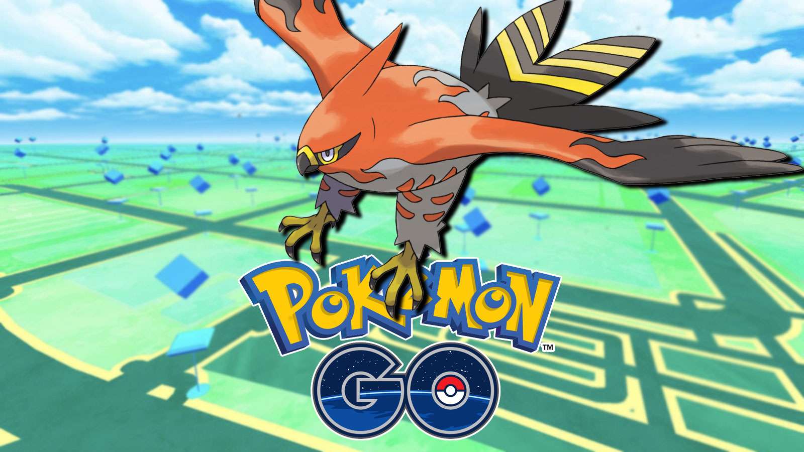 Screenshot of Talonflame flying over Pokemon Go logo.