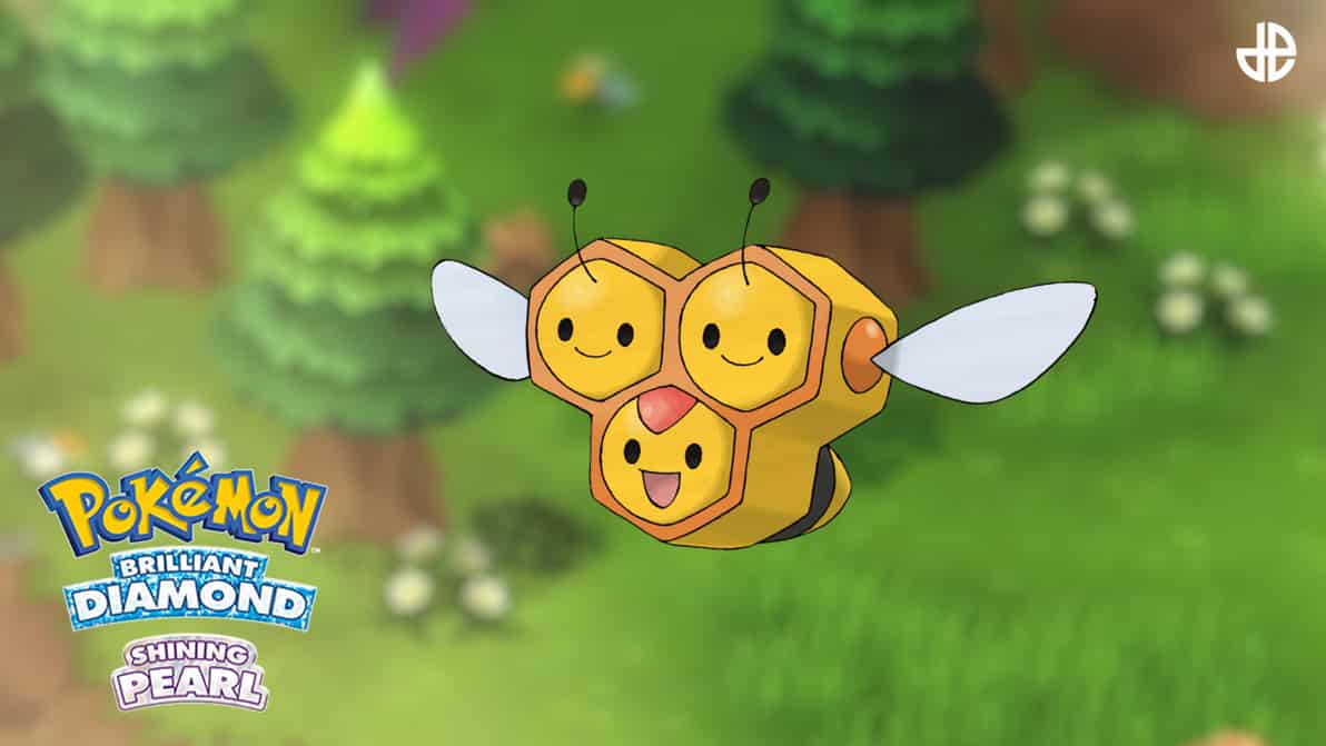 Artwork of Combee, with the Pokemon Brilliant Diamond & Shining Pearl logo with a blurred Grassland Cave background