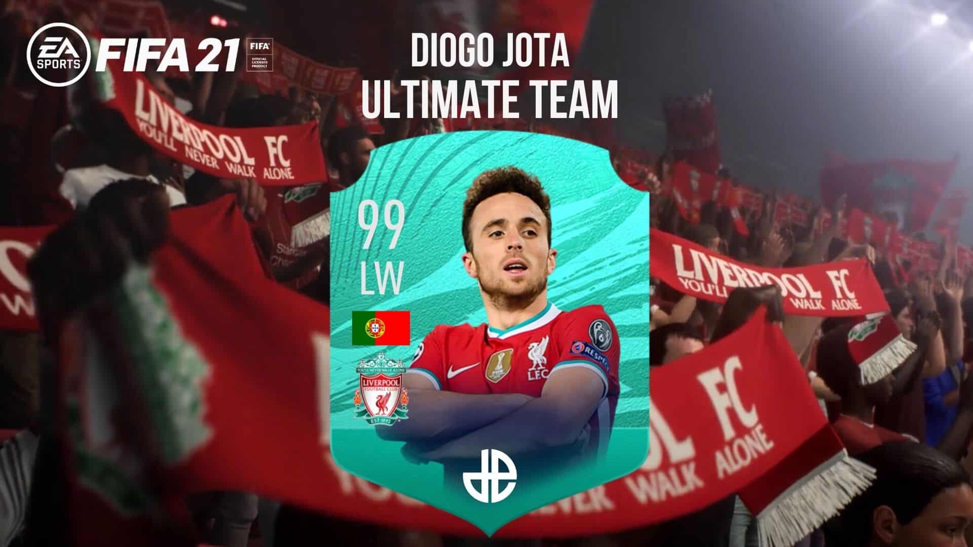 Diogo Jota 99 FIFA 21 card with Liverpool fans