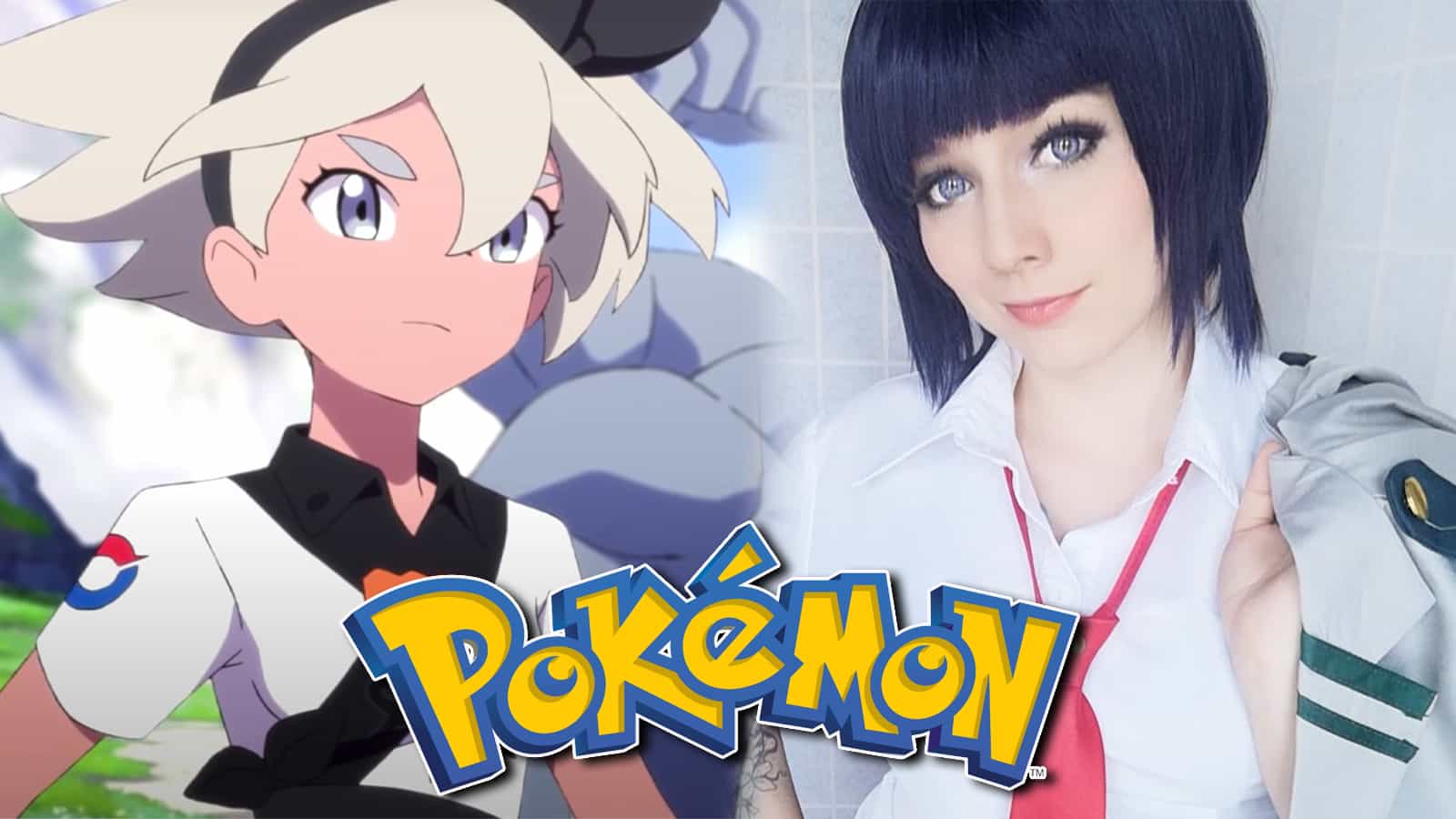Screenshot of Bea from Pokemon Sword & Shield anime next to cosplayer.