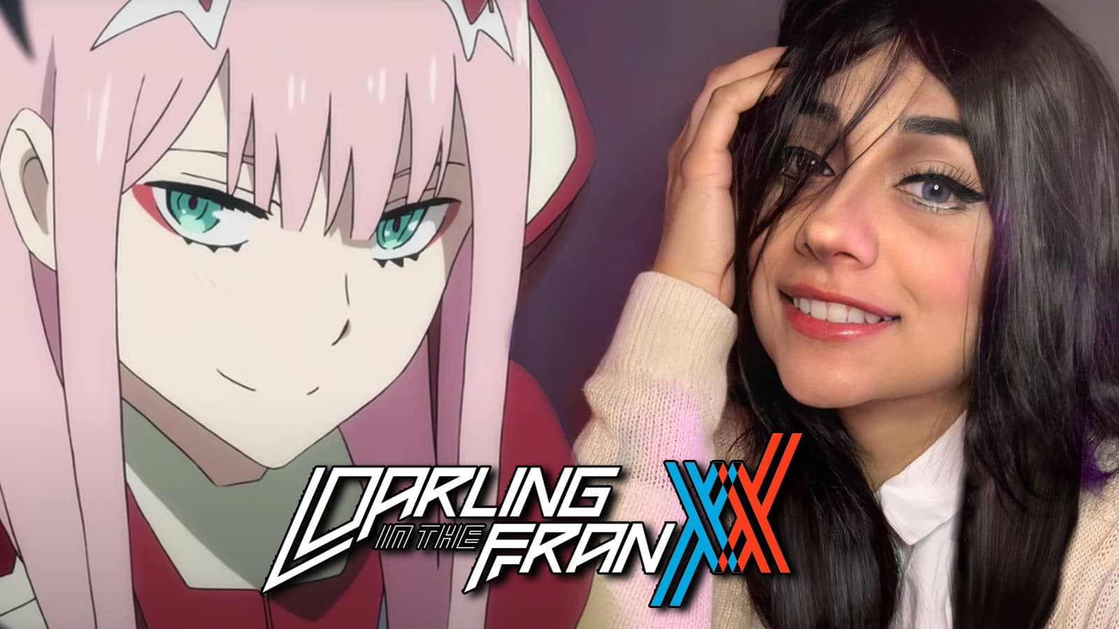 Screenshot of Zero Two from Darling in the Franxx anime next to cosplayer