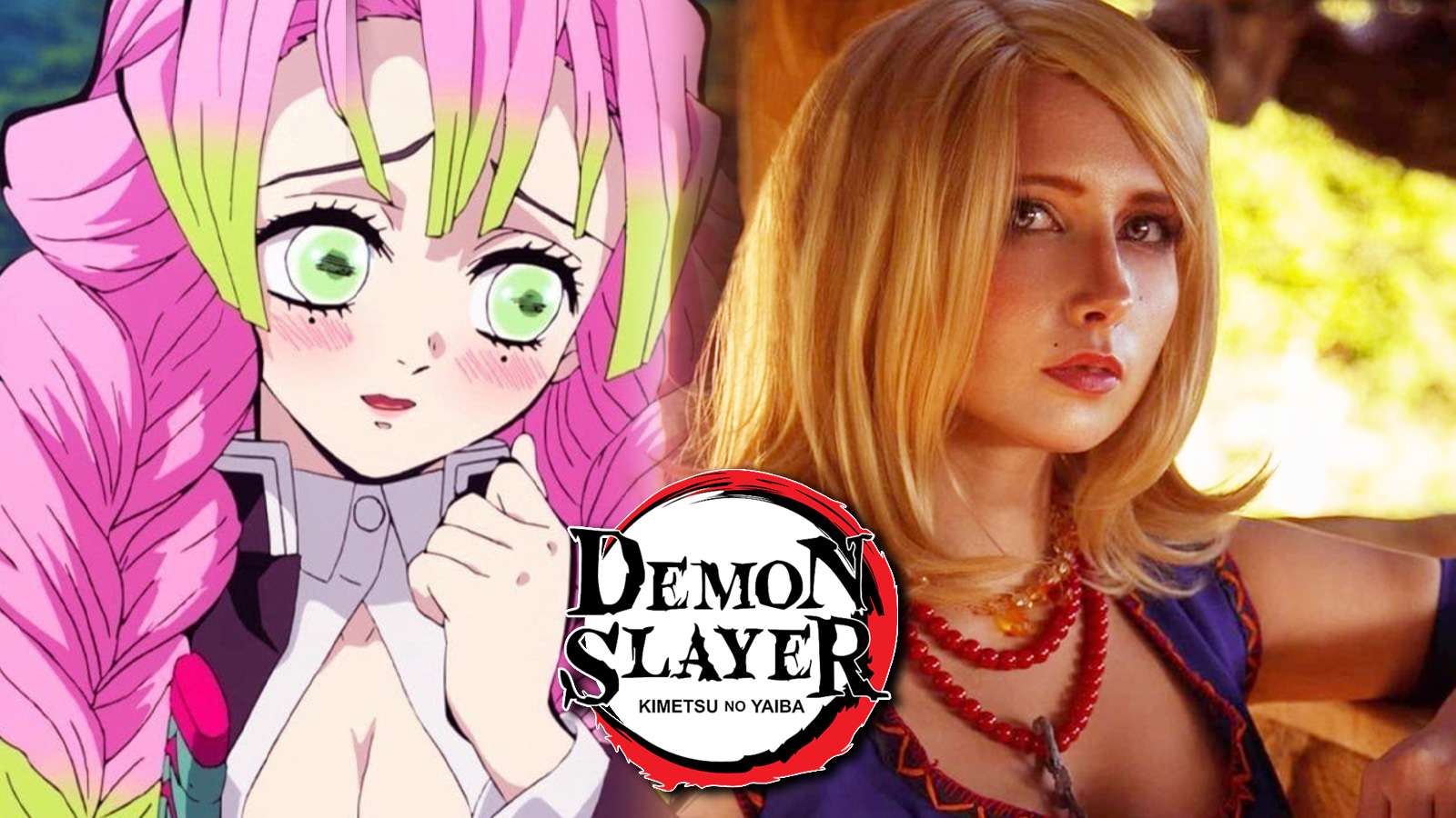 Screenshot of Love Pillar from Demon Slayer anime next to cosplayer.