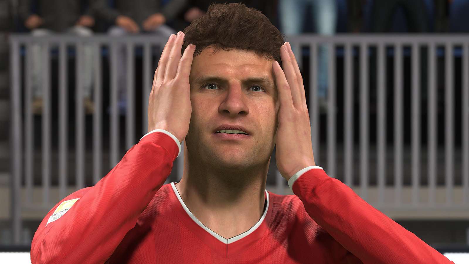 Thomas Muller hands on head in FIFA 21 Ultimate Team after lawsuit scripting.