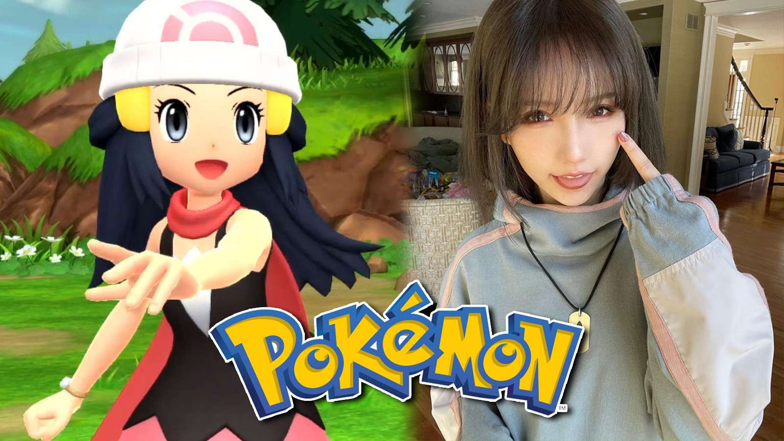 Screenshot of Pokemon Brilliant Diamond & Shining Pearl trainer Dawn next to cosplayer.