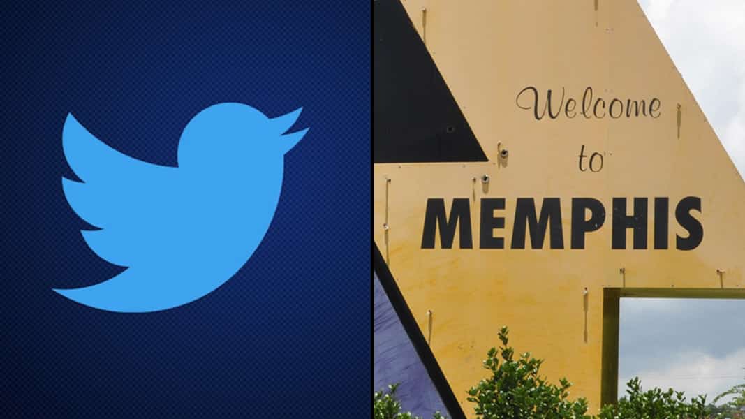 Twitter logo and a welcome to Memphis sign