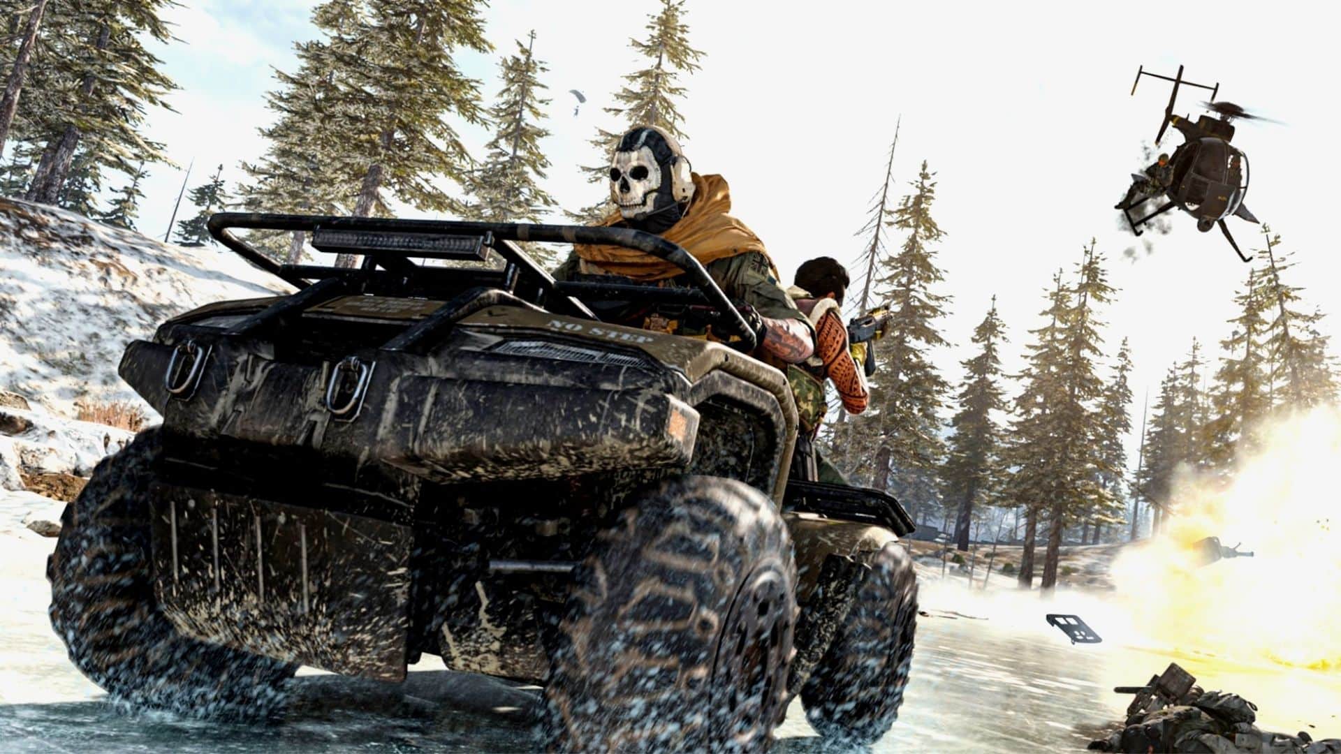 Warzone characters driving an ATV across ice
