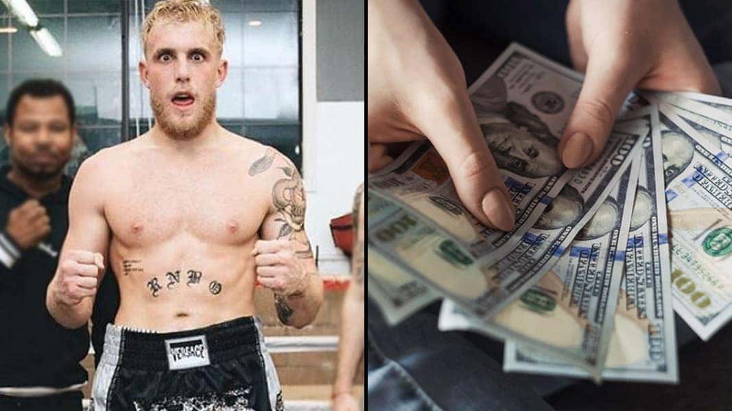 Jake Paul in boxing gear next to money