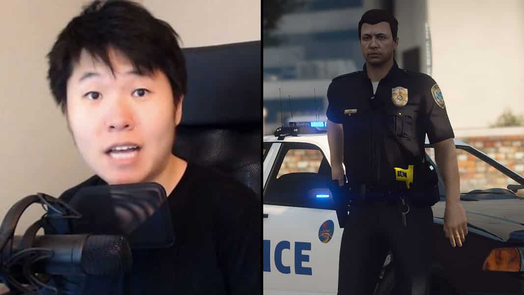 Disguised Toast talking into a mic and a GTA 5 cop