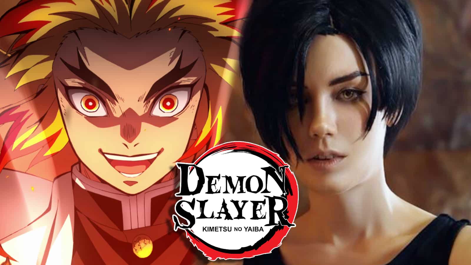 Kyojuro Rengoku from Demon Slayer anime next to cosplayer