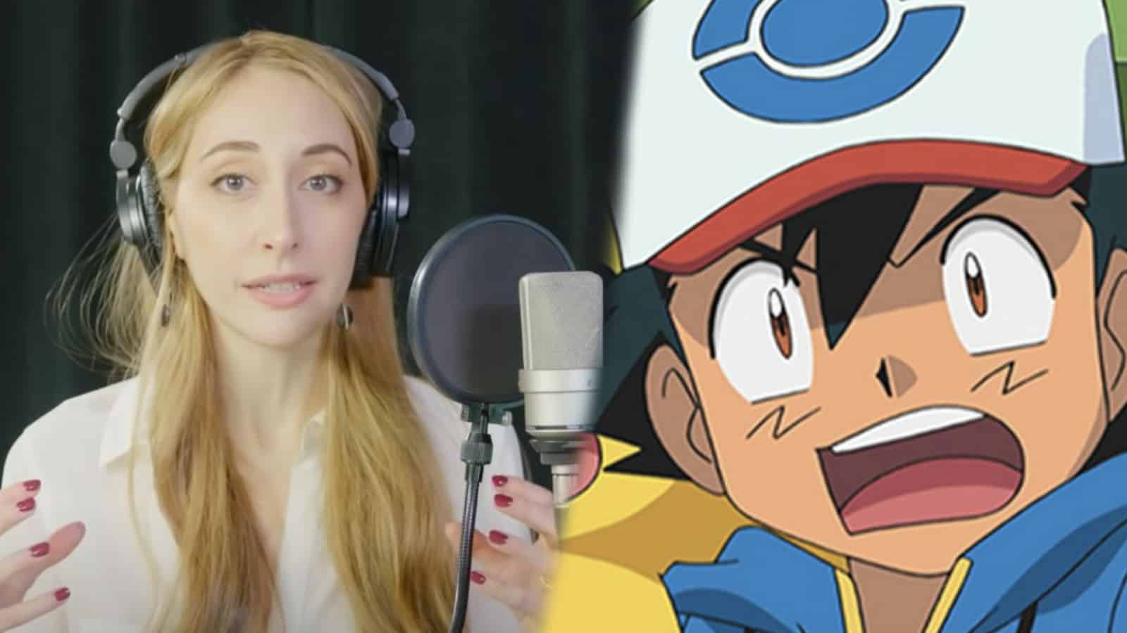 Pokemon Ash Ketchum voice actor Sarah Natochenny next to Ash Ketchum anime screenshot
