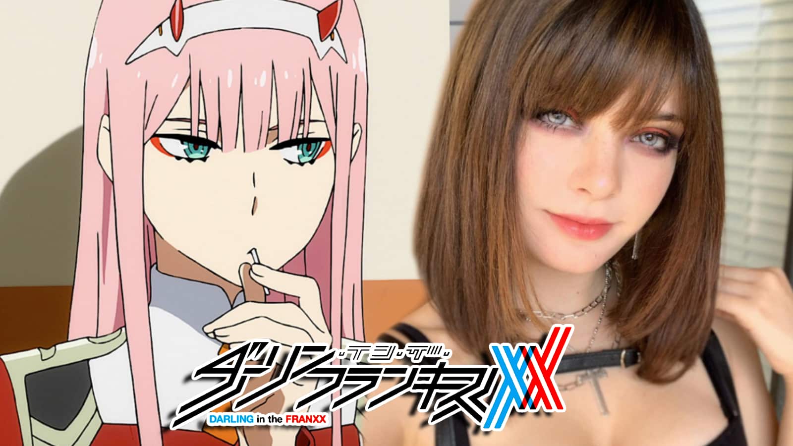 Zero Two from Darling in the Franxx anime next to cosplayer