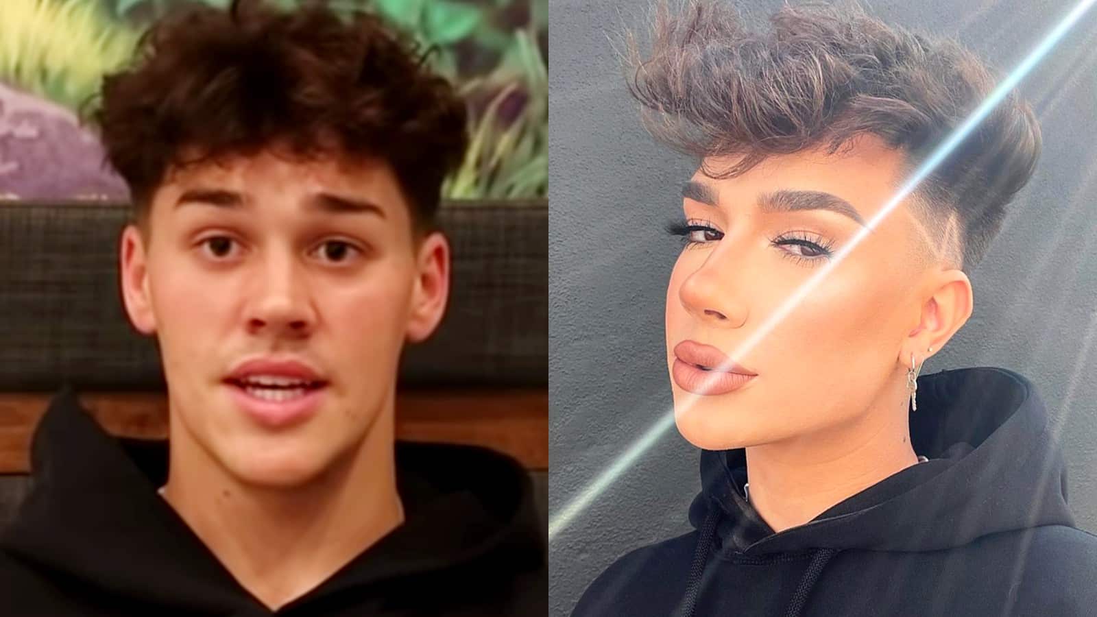 Noah Beck in a YouTube video next to Instagram photo of James Charles