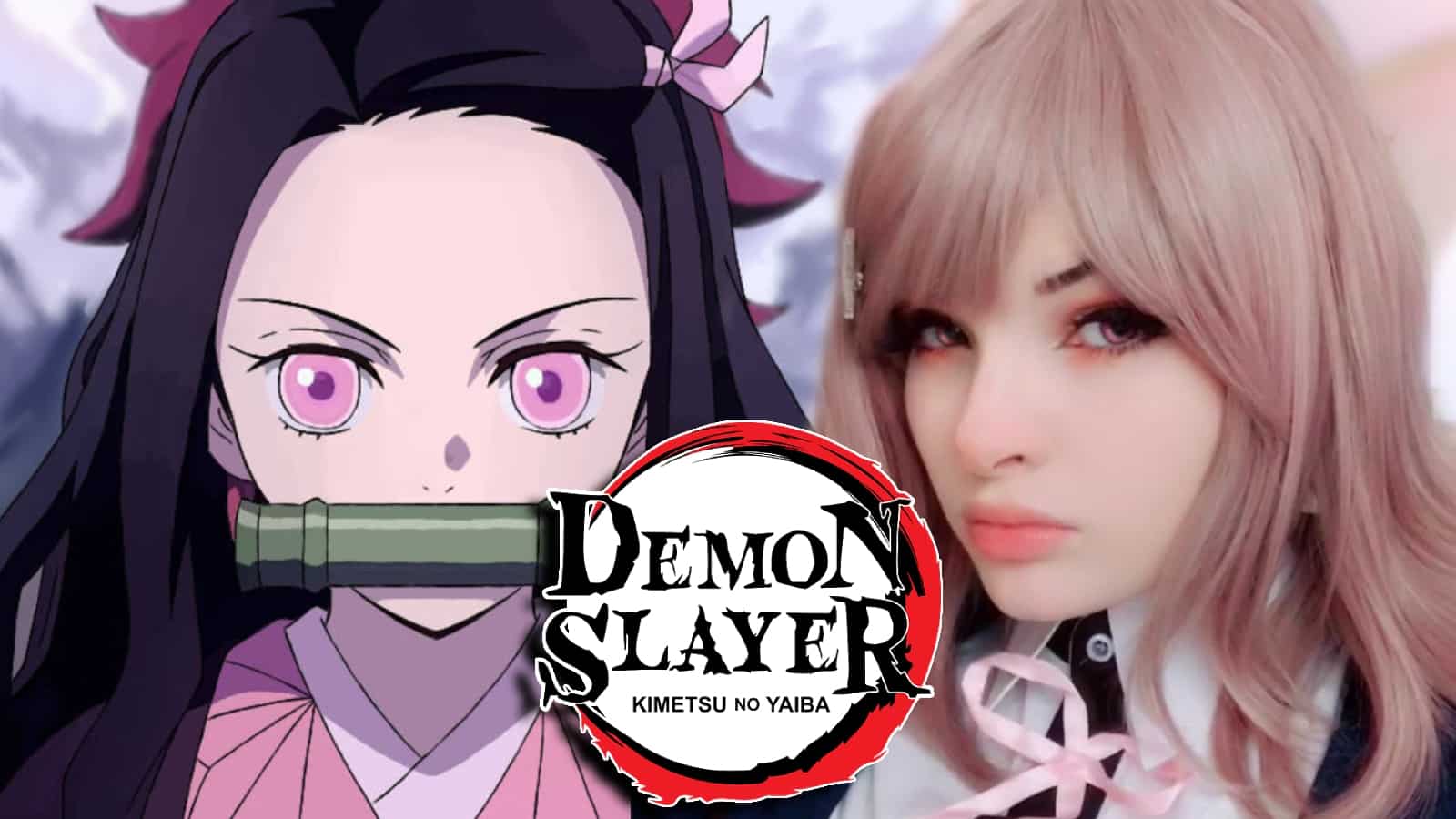 Nezuko Kamado from Demon Slayer anime next to cosplayer
