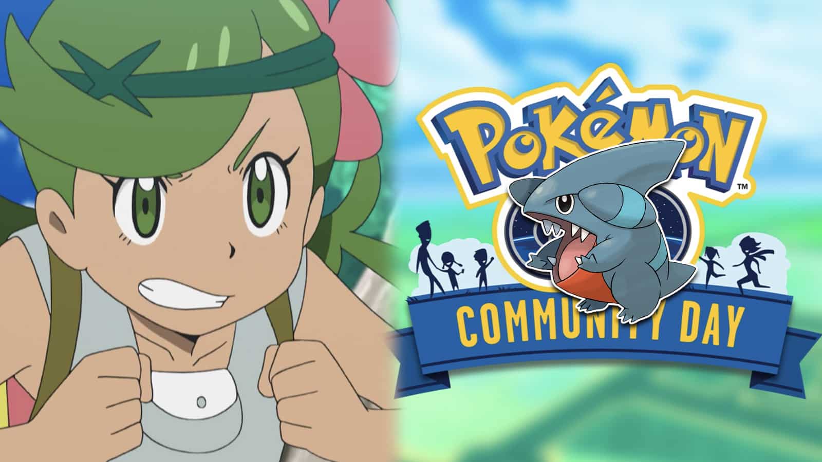 Mallow from Pokemon anime furious next to Pokemon Go Gible Community Day logo