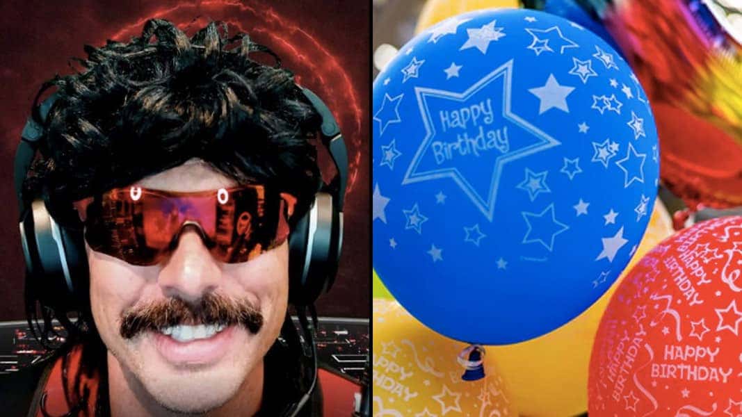 Dr Disrespect smiling and happy birthday balloons