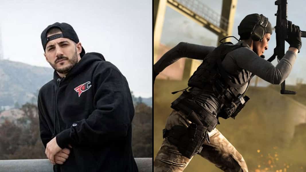 Nickmercs in a faze hoodie alongside warzone character running with an SMG